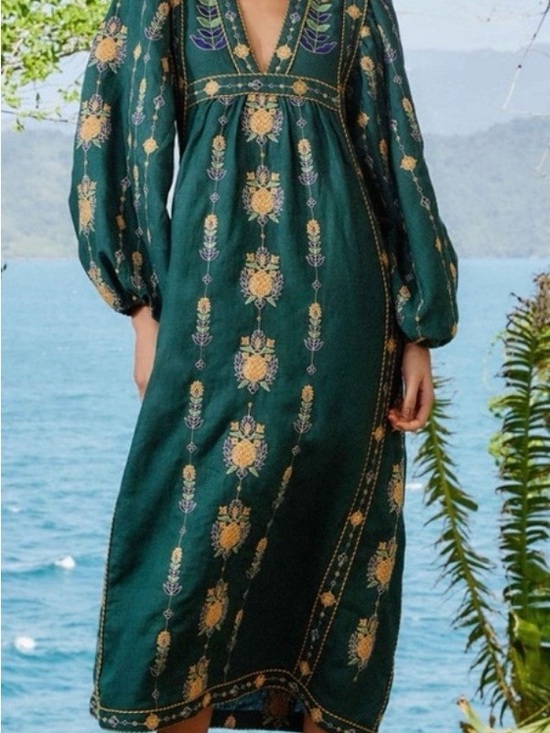 FARM Rio Dresses & Skirts - FARM Rio Green Maxi Dress with Gold Floral Pineapple Embroidery